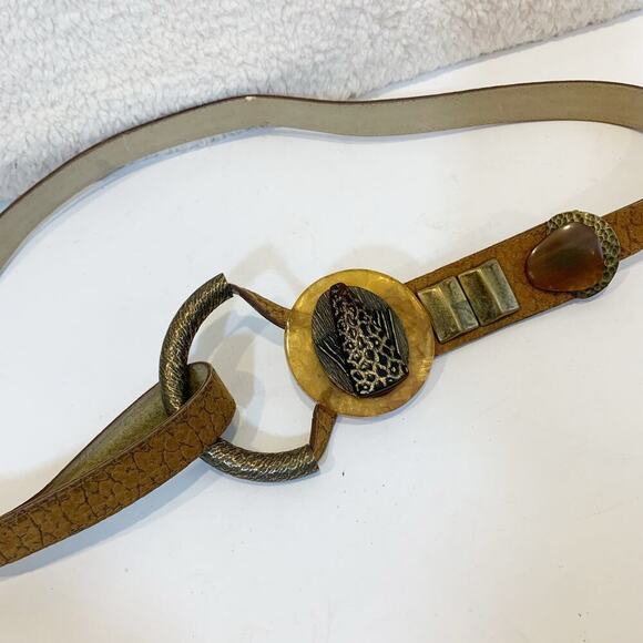 Vintage Belt Hook and Loop Fastener Brown w Brass and Stones Boho Gypsy Medium - Picture 2 of 4